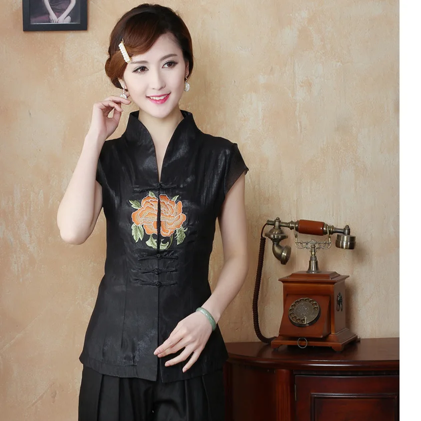 Женская хлопковая блузка с вышивкой черная рубашка цветочной Размеры M L XL XXL 3XL