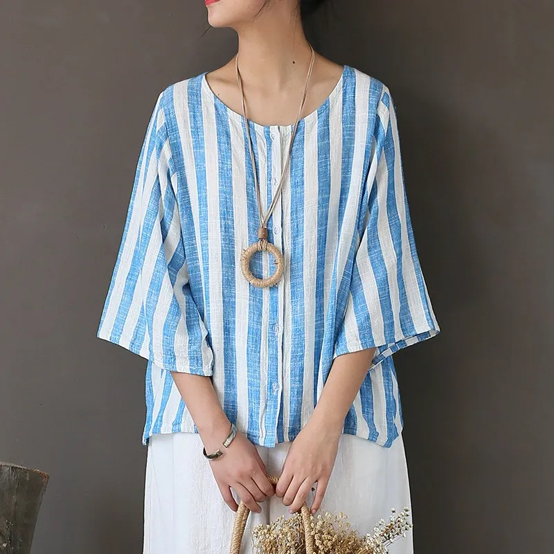 2019 Summer Women Vintage O-Neck Cotton Linen Striped Blouses Three Quarter Casual Button Loose Shirt Seven Sleeve Tops |