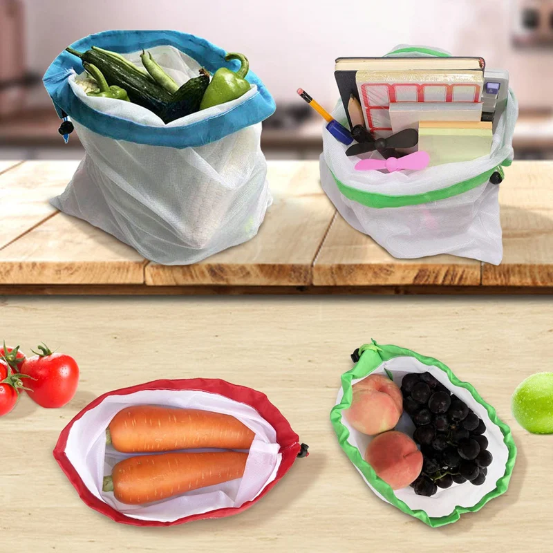 Многоразовые сетки производят сумки 12 шт продуктовые покупки фруктов и овощей мешки для хранения с тары веса