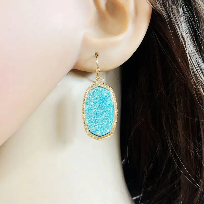 Модные геометрические овальные серьги с подвеской Druzy для женщин богемные золотые друзовидный Камень Висячие серьги ювелирные изделия