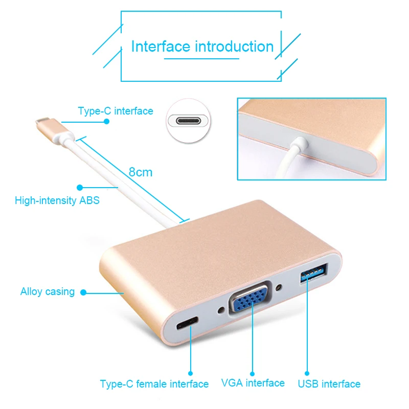 Кабель-адаптер Basix Type C-Female адаптер USBC USB 3 1 к VGA для Macbook 12 дюймов Chromebook Pixel Lumia 950XL Usb C