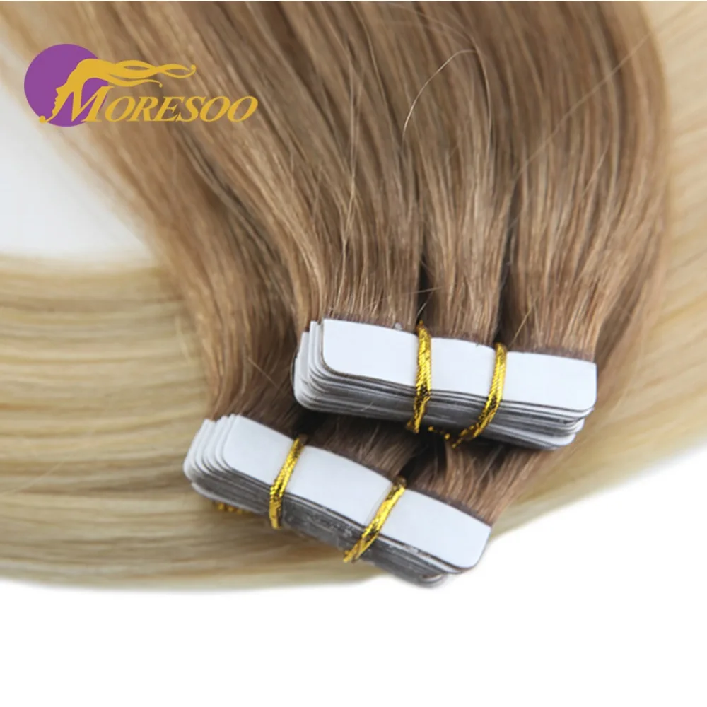 Moresoo, 14-24 дюйма, накладные волосы на ленте, человеческие волосы, Balayage, блонд, Remy, волосы для наращивания на коже, 2,5 г/шт., 25 г-100 г