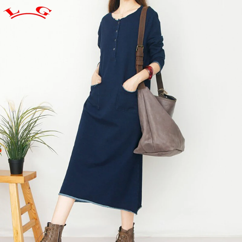 Темперамент ретро вязать хлопок o образным вырезом Длинные рукава деним Мори