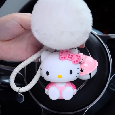11 Cute Cartoon Hello Kitty Rabbit Fur Ball PomPom Pom Poms Keychain Women Leather Strap Metal Key Ring Chains Car Bag Charm D35B - Цвет: 11
