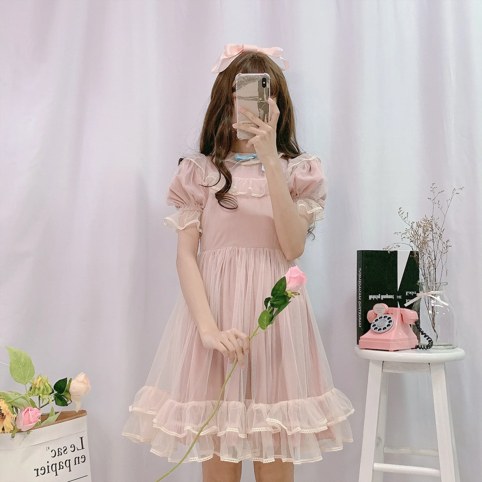 Японское платье лолиты для женщин Kawaii летнее мягкое милое Сетчатое платье феи с пышными рукавами