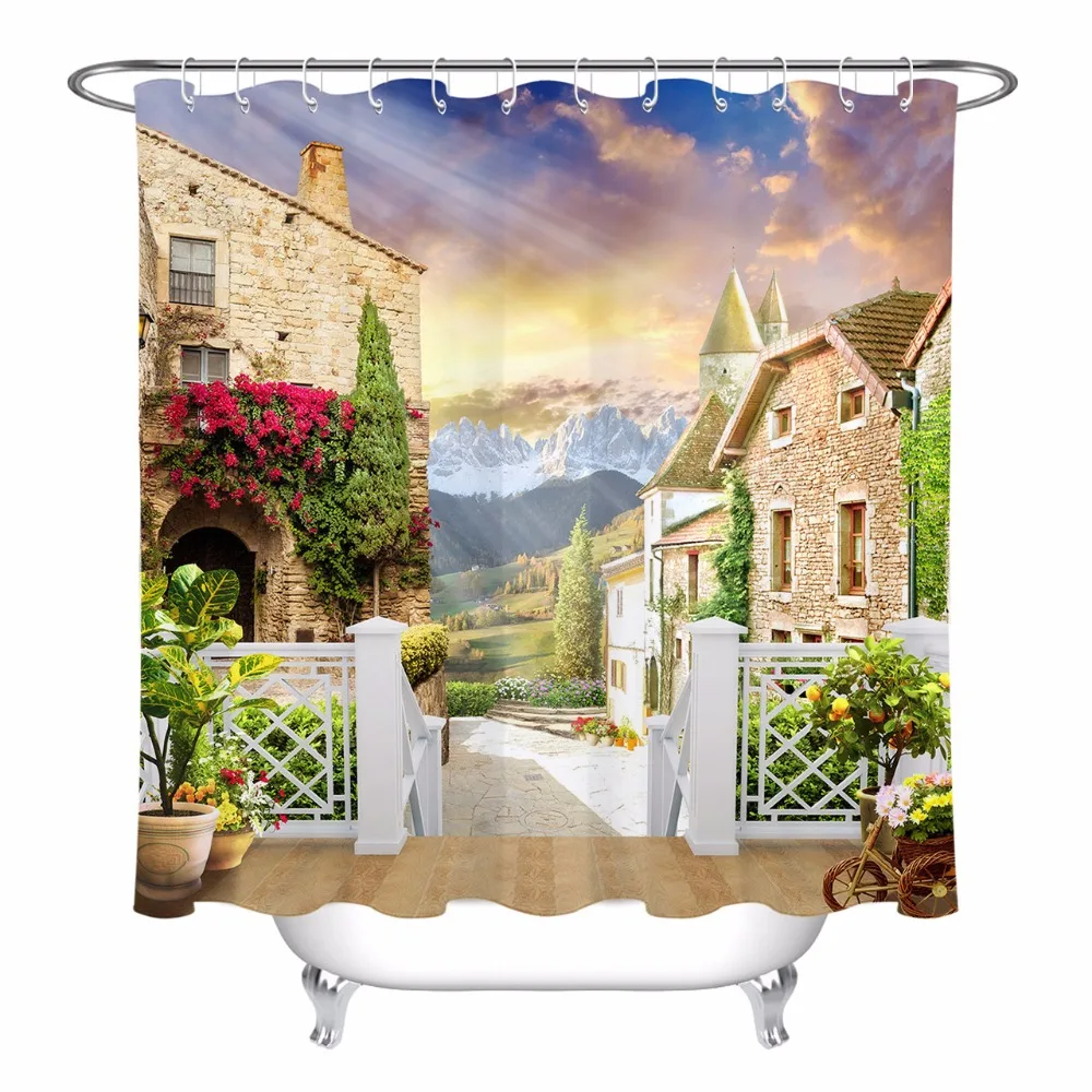 

Architecture House Old Town Street Shower Curtain Landscape Bathroom Waterproof Washable Polyester Fabric for Art Bathtub Decor