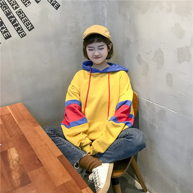 Для женщин кофты японский Harajuku Ulzzang Bf Colorblock толстовка с капюшоном женские