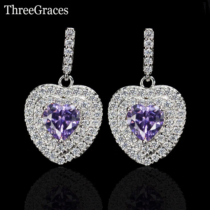 purple ThreeGraces, идеальная 925 пробы, серебро, CZ камень, проложенный фиолетовым кристаллом, большое сердце, висячие серьги для Святого Валентина, ювелирное изделие, подарок ER303 - Окраска металла: purple