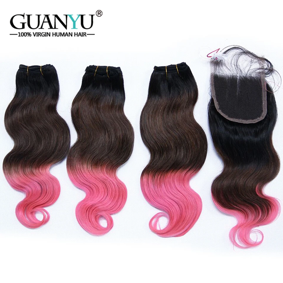 Guanyuhair 1B/4/4 розовый три тона Омбре 3 пучка с закрыванием 4*4 перуанские Remy