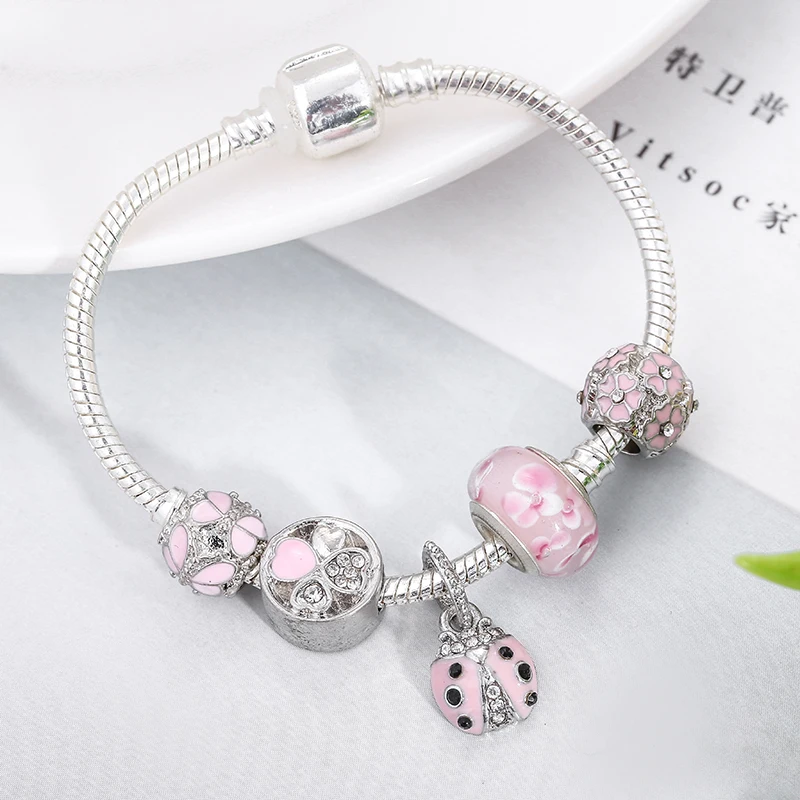 Романтические Божья коровка серебряный шарм браслеты с розовый бисер тонкие для