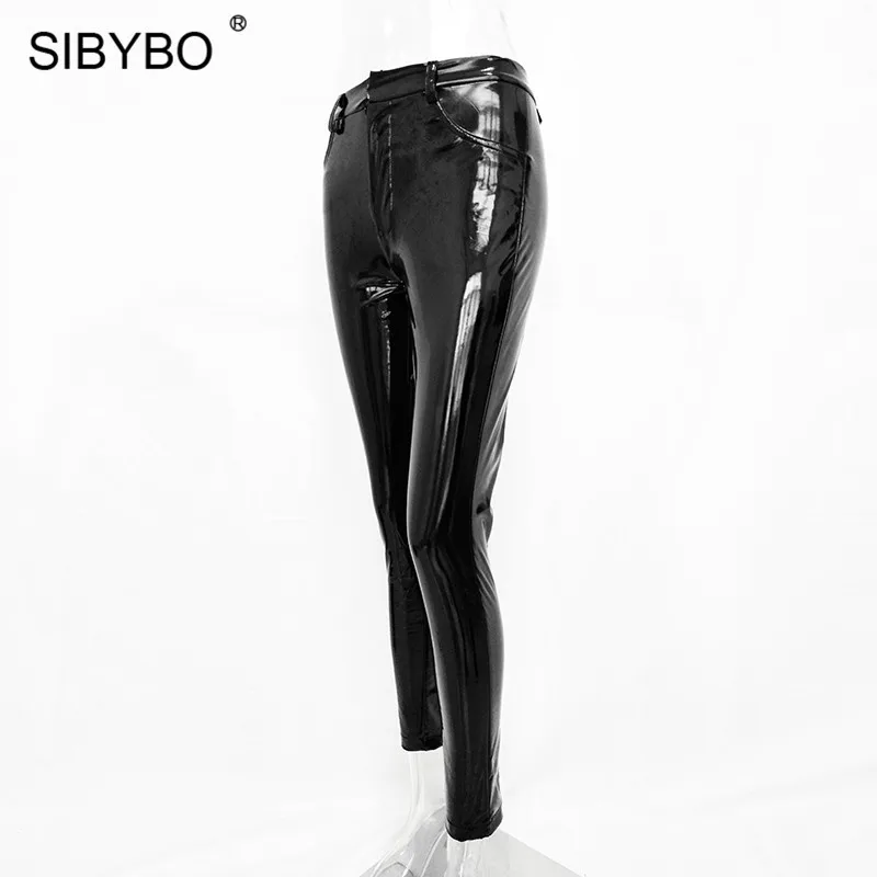 Sibybo/повседневные женские брюки с высокой талией из искусственной кожи; Новинка осени; узкие брюки-карандаш с пуговицами; черные пикантные женские брюки