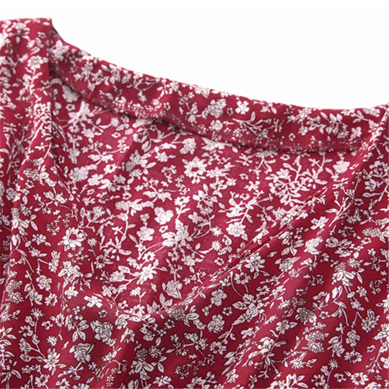Bohemian Wine Red Floral Print Maxi Dresses V-neck Three Quarter Sleeve Long For Women Beach Clothes | Женская одежда