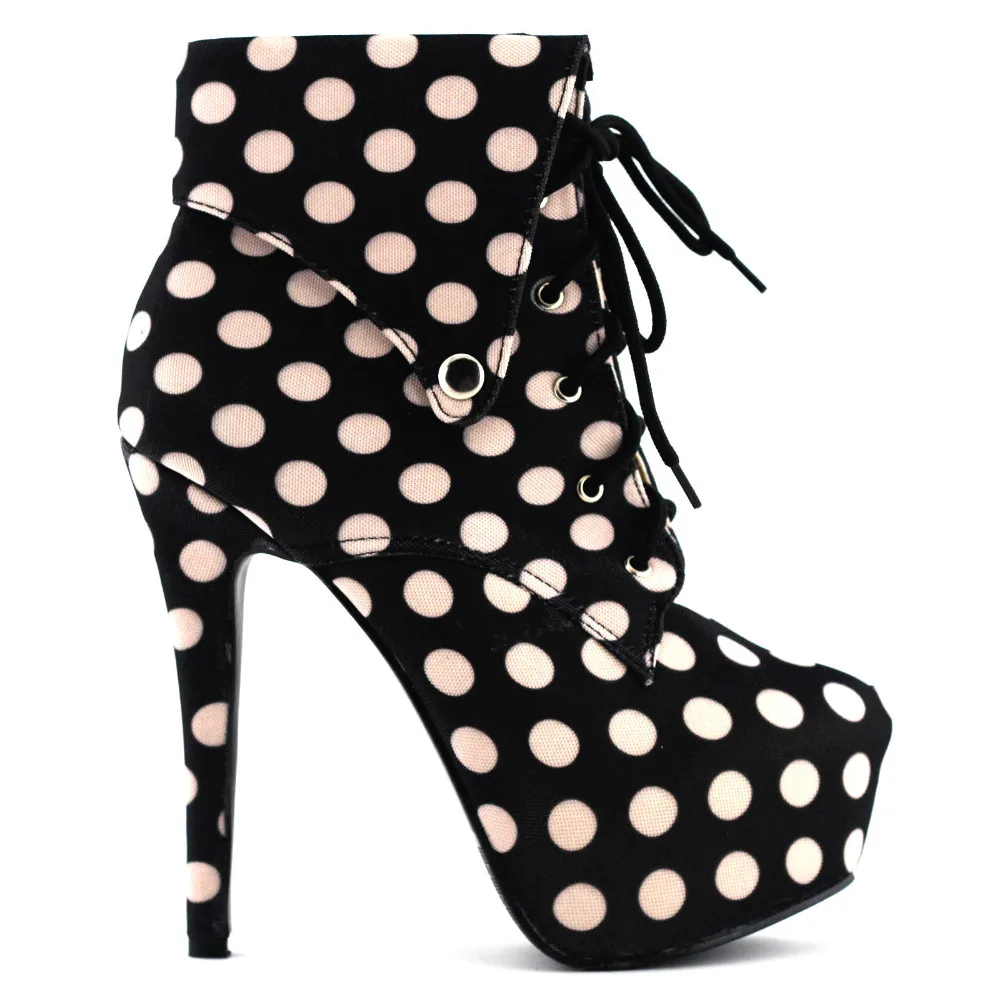 LF80832 готические ботильоны на шнуровке в черный и бежевый горошек|boots stiletto|lace