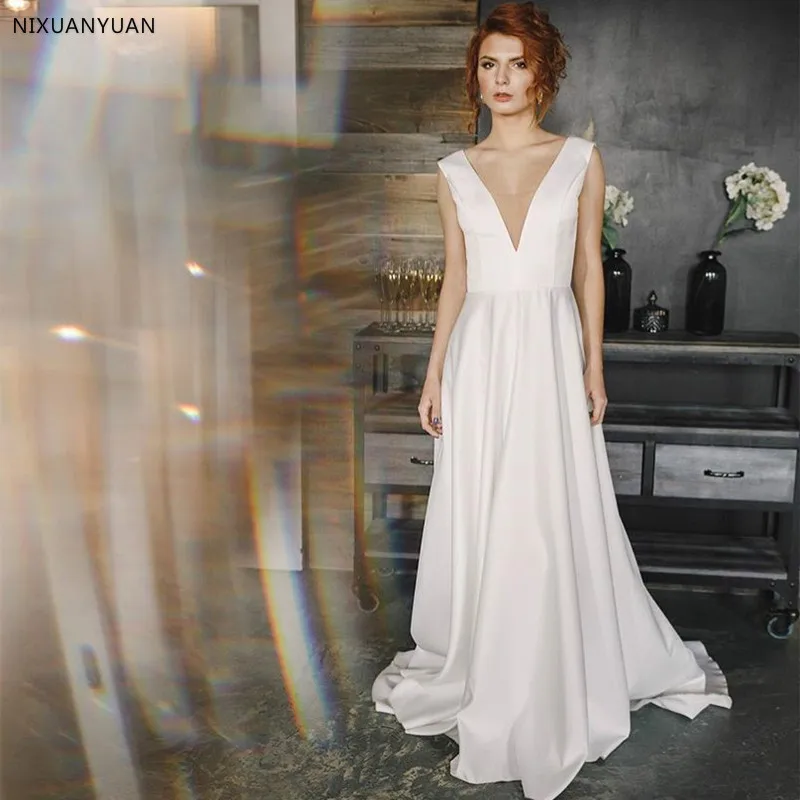 Простое пляжное свадебное платье с v образным вырезом и открытой спиной Vestido De Novia