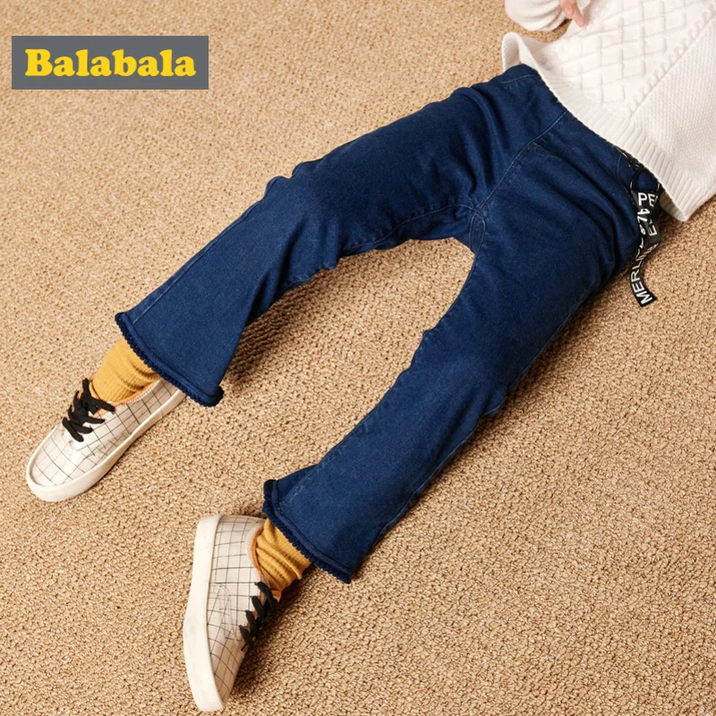 Balabala Todder Girl Fleece-Lined High Flare Jeans with Tab Kids Pull-on in Washed Denim Pocket Ribbing at Waist | Мать и ребенок