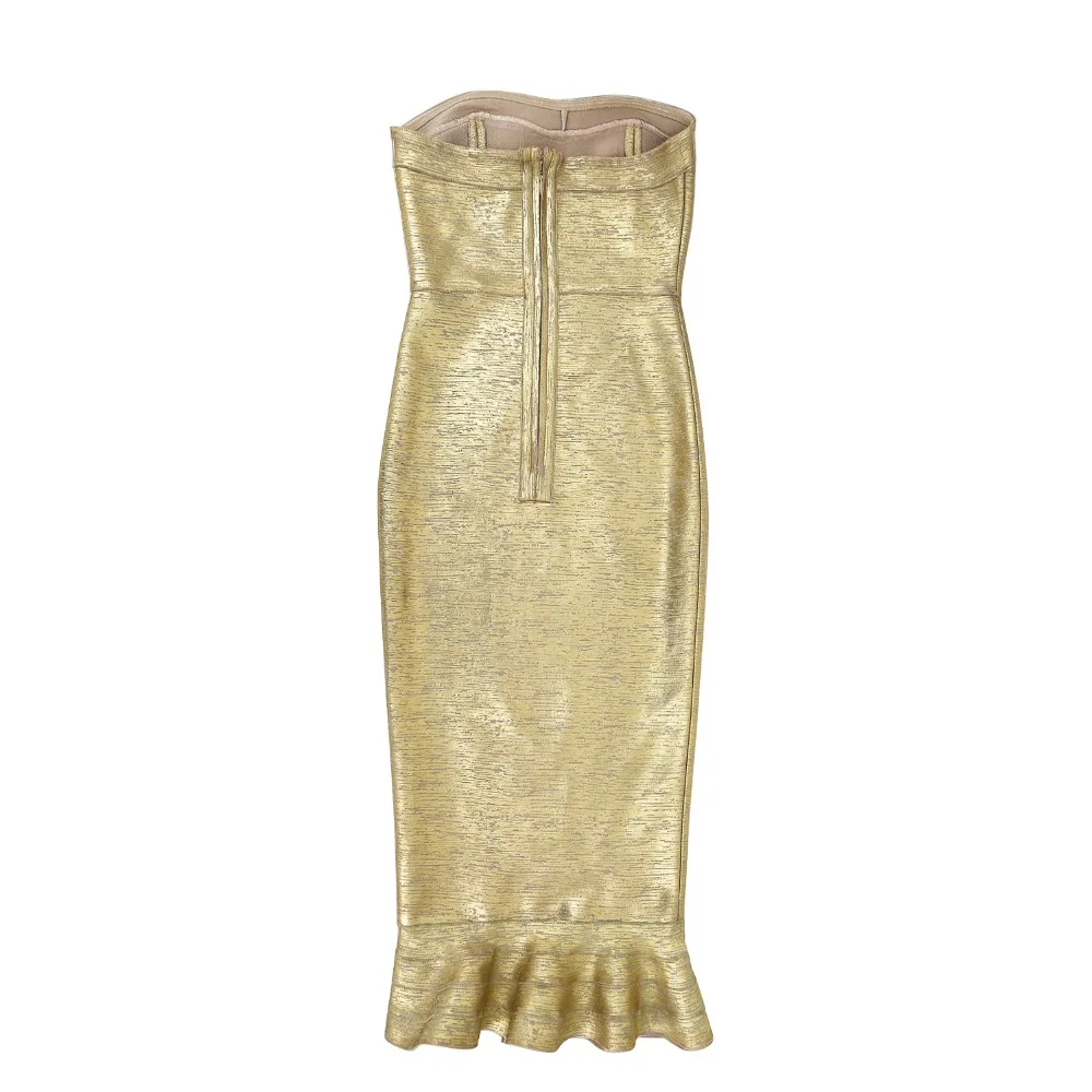 

Vestidos Women Sexy Bronzing Strapless Thick Rayon Bodycon Gold Bandage Dress 2018 Elegant Fishtail Celebrity Party Dress