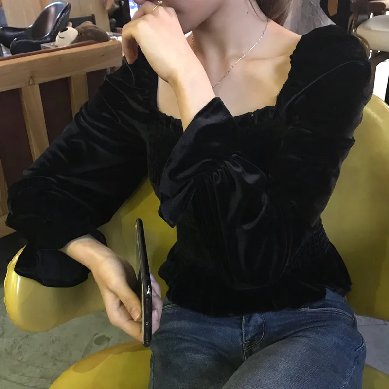 Женская Весенняя бархатная Сексуальная Блузка рубашка с длинным Расклешенным