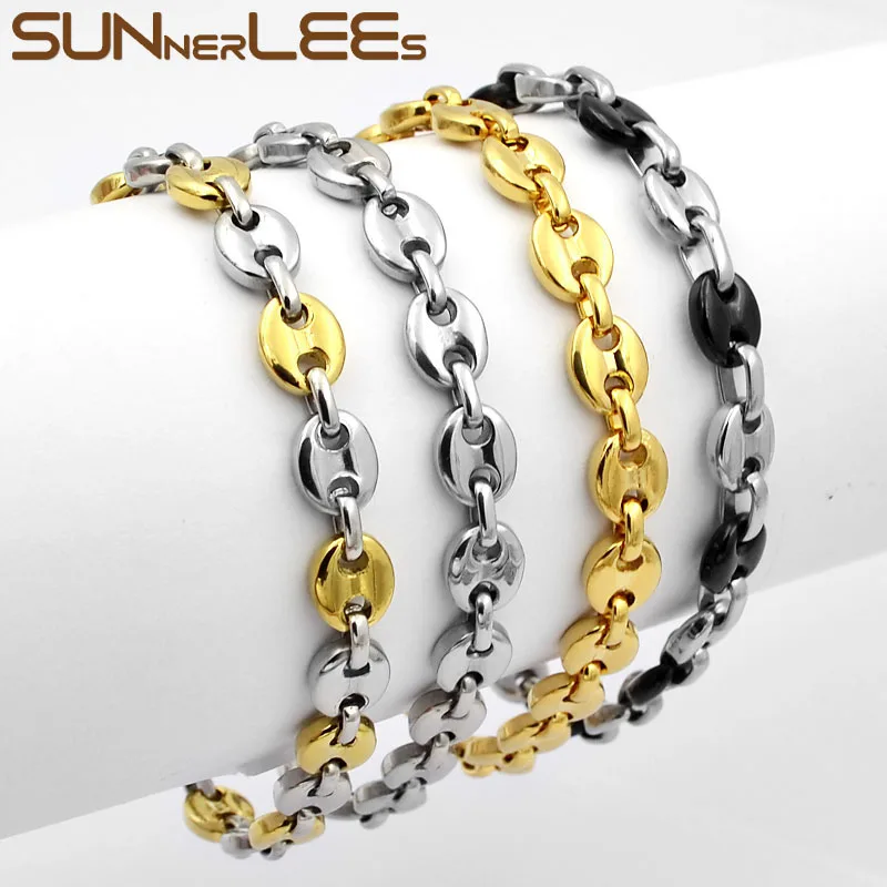 Набор бижутерии из нержавеющей стали SUNNERLEES Fashion Jewelry: ожерелье и браслет на цепочке с звеньями в виде кофейных зерен, для мужчин и женщин. SC13 S.