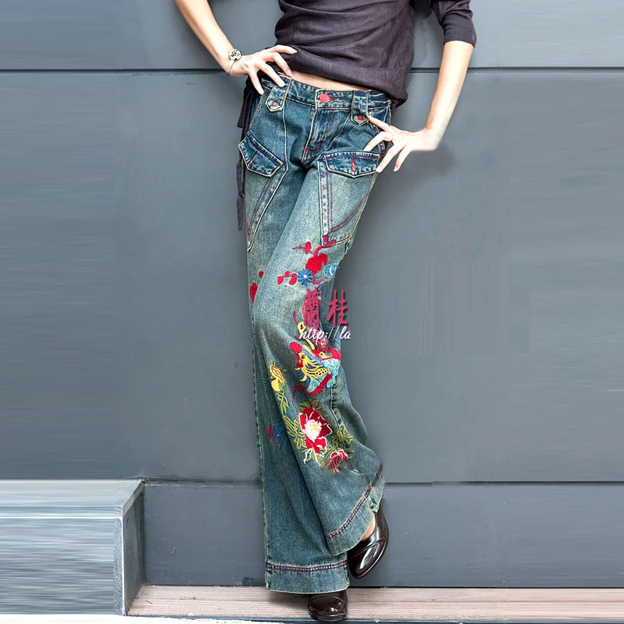 2018 осенние модные винтажные джинсы с вышивкой в стиле ретро джинсовые ковбойские