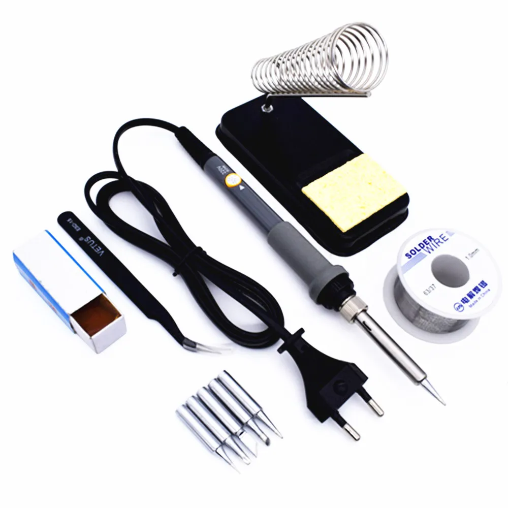 Soldering Iron Set 60 Вт, 220 В, штепсельная вилка европейского стандарта, Электрический паяльный комплект для утюгов с регулируемой температурой, сварочный инструмент с 5 наконечниками, паяльная проволока, пинцет, подставка для утюгов - Цвет: Soldering Iron Set