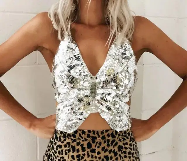 

2019 New Sexy PVC Sequins Patchwork Backless Butterfly Bow Knot Camis Top Gold Black Sling Tide Women's Tube Top Wholesale