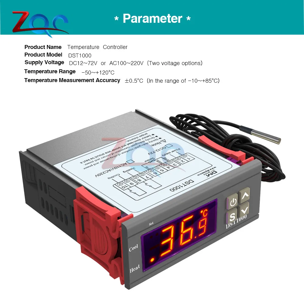 DST1000 Single Display Digital Temperature Control Controller Thermostat DS18B20 Sensor Waterproof DC 12V-72V Replace STC-1000 |