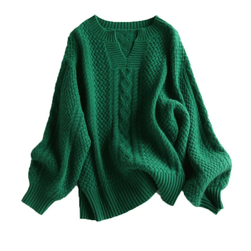 100%goat cashmere thick knit women vintage style Vneck pullover sweater H-straight wide loose lantern sleeve XS-L | Женская одежда
