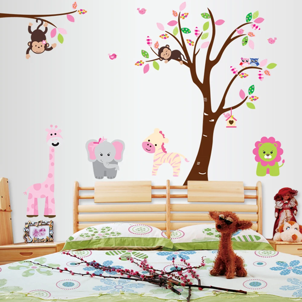 

3d cartoon animals tree wall stickers decals for kids room removable baby bedroom wallpaper pictures home decoraiton murals