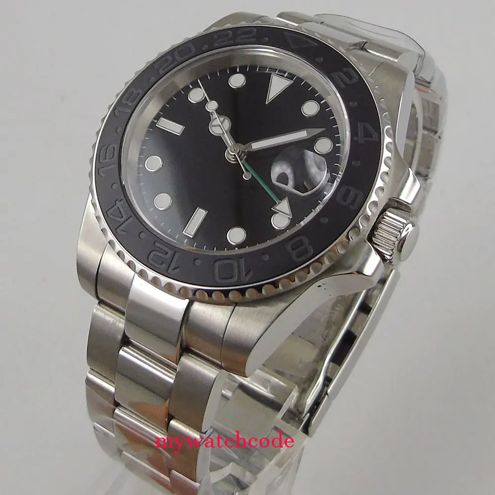 

40mm parnis black sterile dial GMT date window ceramic bezel sapphire crystal automatic mens watch P407