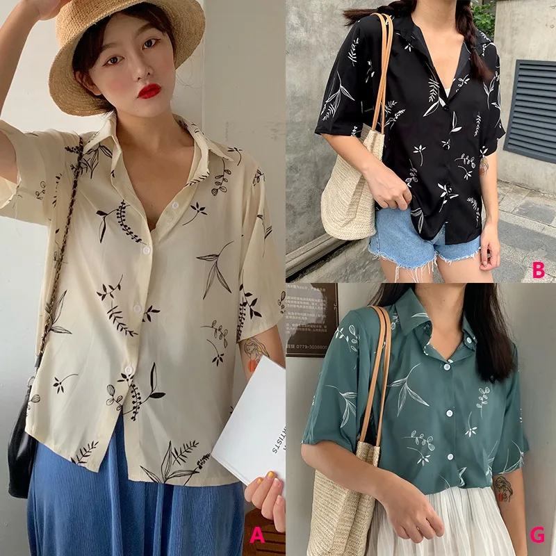 

2020 Summer Blouse Women's Casual Fashion Loose Leaves Printed Short Sleeve Single Breasted Chiffon Blouse blusas mujer de moda