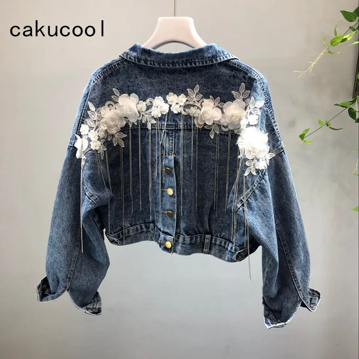 Новинка плотные джинсовые пальто Cakucool с цветочной вышивкой женские свободные