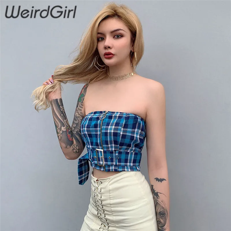 Weirdgirl, женский топ на бретелях, синяя клетчатая сексуальная клубная лента для вечеринки, женские топы без бретелек, топы, тонкие уличные топы, летний женский топ, Новинка