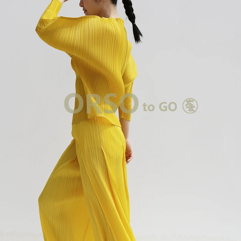 Yellow Changpleat летние новые женские свободные футболки Топы Miyak плиссированные Модные Дизайнерские однотонные футболки с круглым вырезом больших размеров женские футболки - Цвет: Yellow