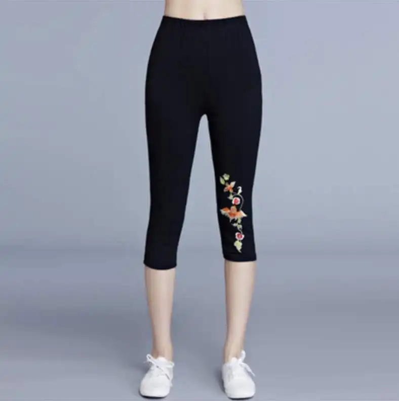 Black Leggings KYQIAO Этническая рубашка Женский Пуловер женский летний M-3XL дизайнерский черный синий круглый вырез короткий рукав вышивка футболка Топ - Цвет: Black Leggings