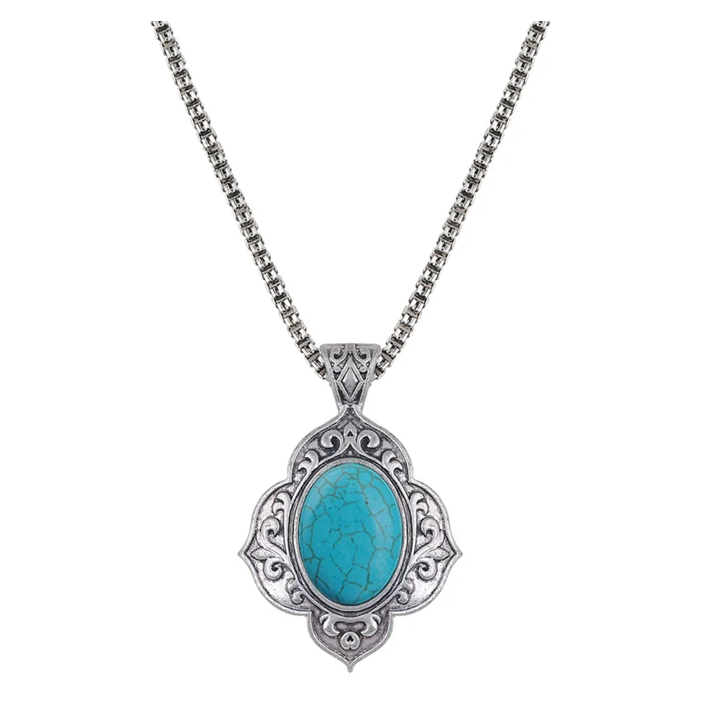 

Vintage Natural Stone Necklace Engrave Flower Pendant