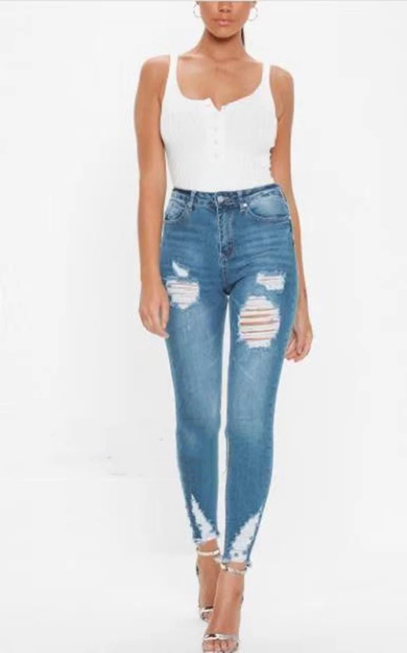 Модные узкие джинсовые брюки женские потертые джинсы Стрейчевые со средней