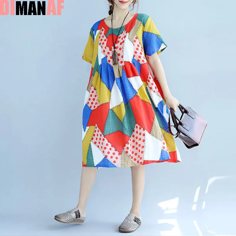 DIMANAF летнее платье больших размеров женские льняные клетчатые принты Женские