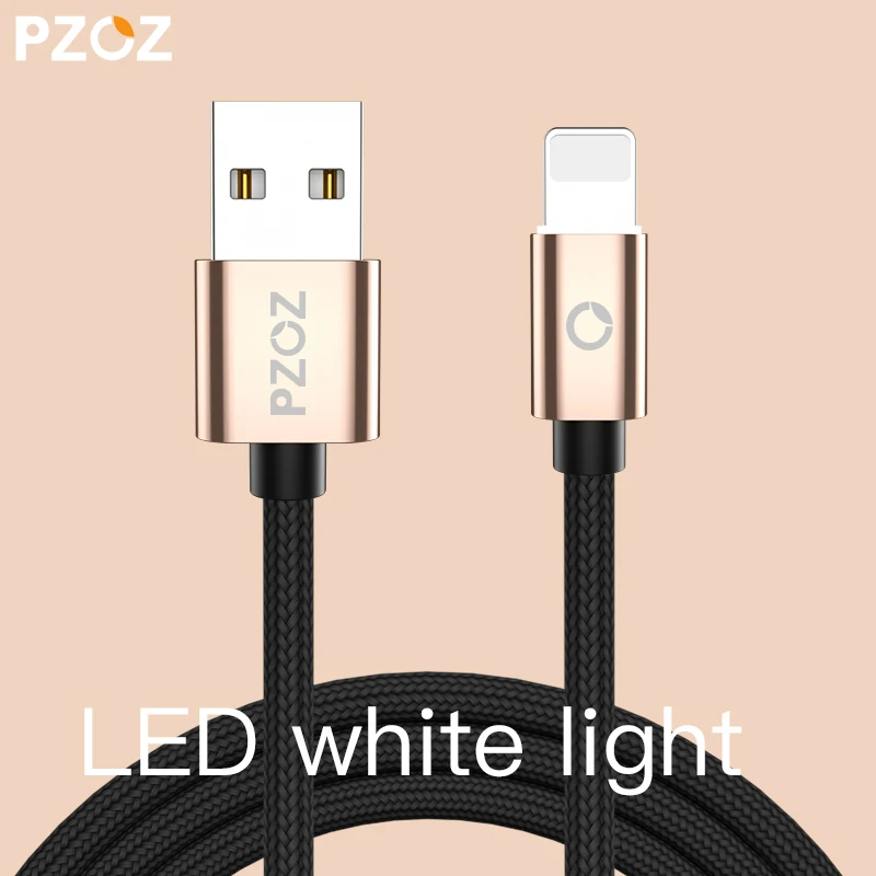 PZOZ кабель для iphone, зарядное устройство usb, быстрая зарядка для iphone x 8 6s 7 plus, светодиодный светильник, шнур для мобильного телефона, usb-кабель для передачи данных - Цвет: Black gold LED