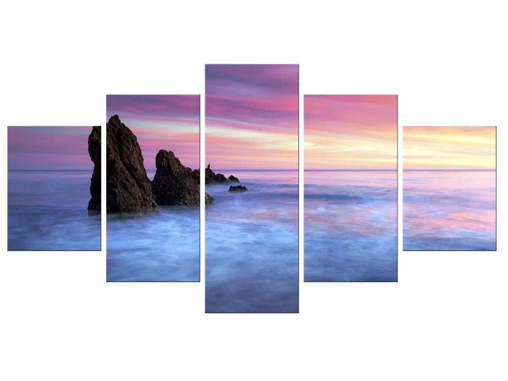 

5 Pieces Free ShippingModern Wall Art Home Decoration Printed Oil Painting beautiful sunrise on the sea landscape Framed