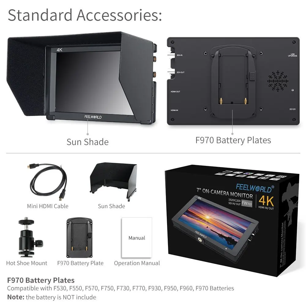 Feelworld FW703S 3G SDI 4K HDMI DSLR 7-дюймовый ЖК-монитор IPS Full HD 1920x1200 портативный полевой