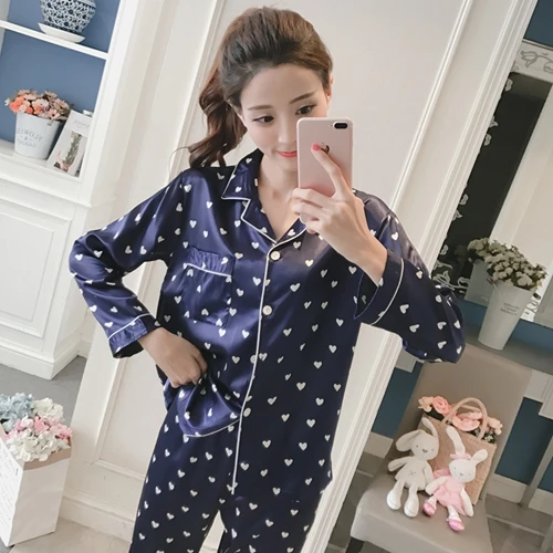 Navy Blue Love Женский сексуальный Шелковый атласный комплект нижнего белья, пижама с длинным рукавом, женские Мультяшные пижамные комплекты с v-образным вырезом, ночная рубашка, подарки для девушки - Цвет: Navy Blue Love