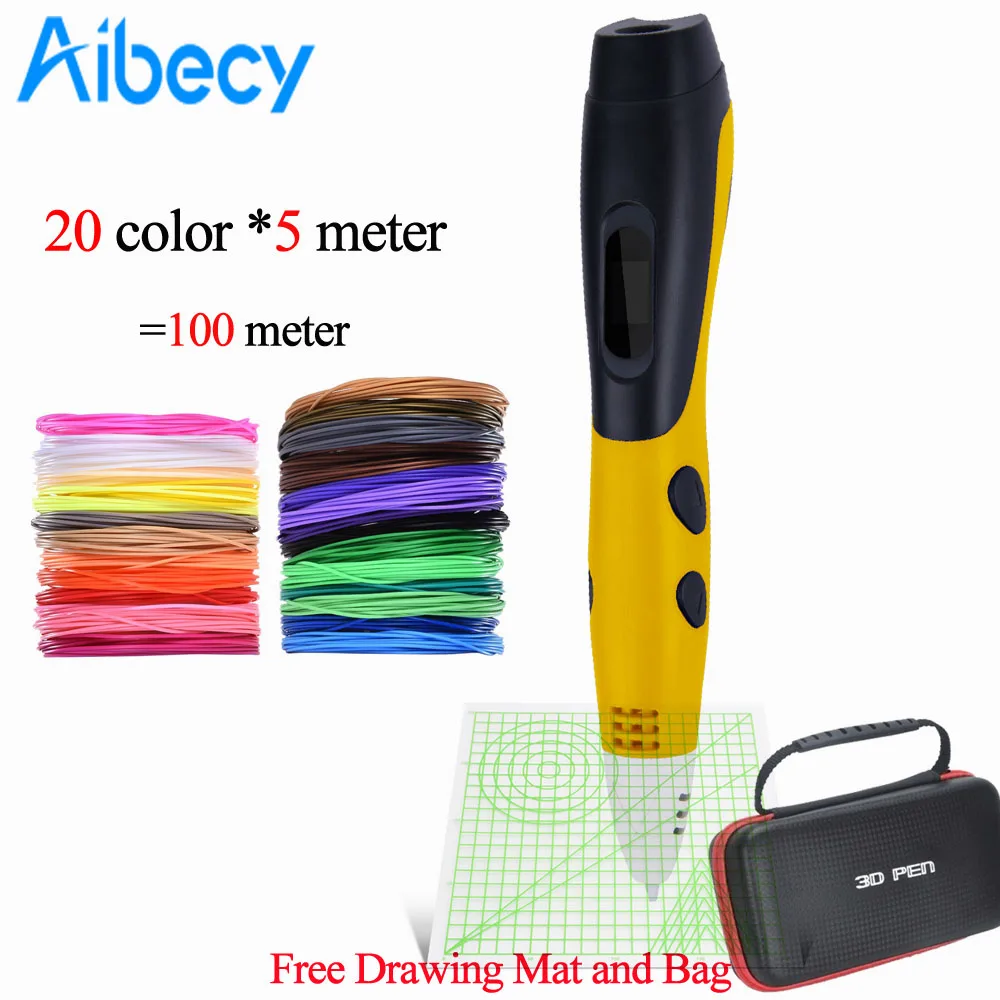 yellow with 100M PCL 3D печать Ручка низкая температура 3D Ручка с ЖК-дисплеем PCL нити заправки автоматическая подача сумка и коврик для рисования - Цвет: yellow with 100M PCL