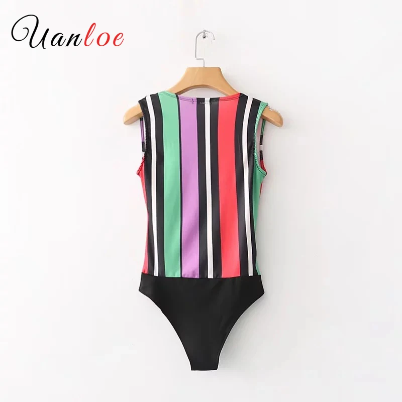 Для женщин пикантные V шеи Полосатый боди без рукавов эластичные Комбинезоны
