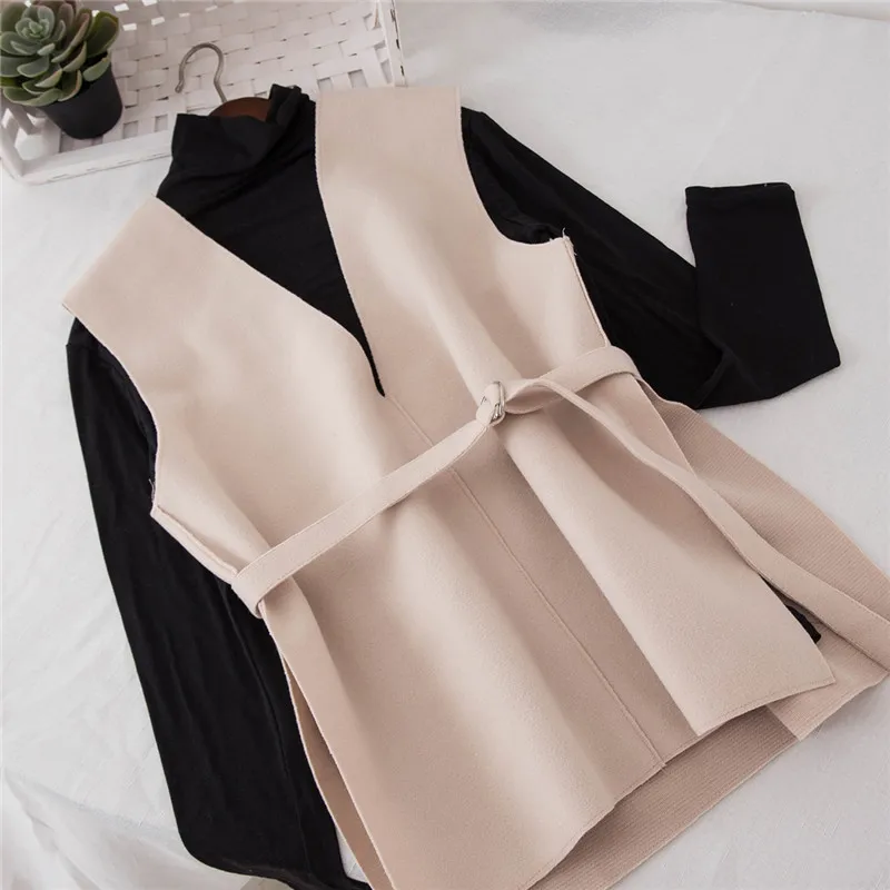 Neploe Two Pieces Sloid Elastic Long Sleeves T-Shirts+Spilt V-Neck Sashes Vest 2019 Autumn New Fashion Slim OF T-Shirt 69022 | Женская