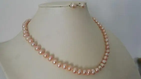 Charming Natural Pearl Jewellery Set Pink Color 7-8mm Real Freshwater Necklace Earrings New Free Shipping | Украшения и