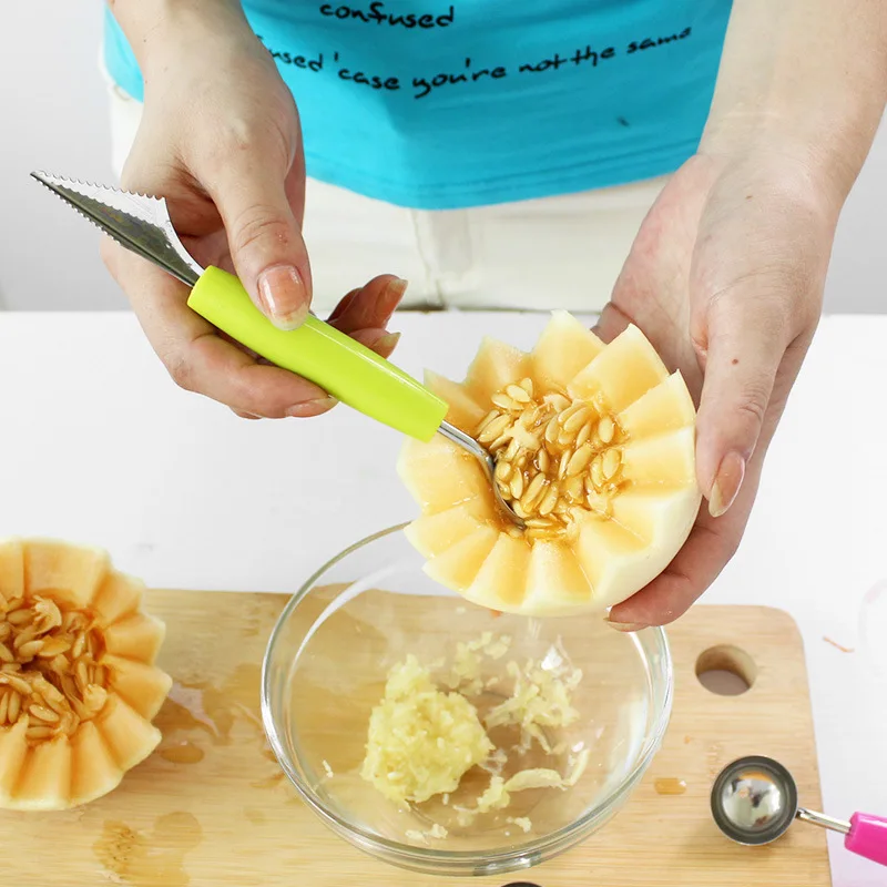 

OLOEY Stainless Steel Fruit Digger Spoon Double Head Watermelon Digging Ball Corrugated Carving Knife Ice Cream Kitchen Tools