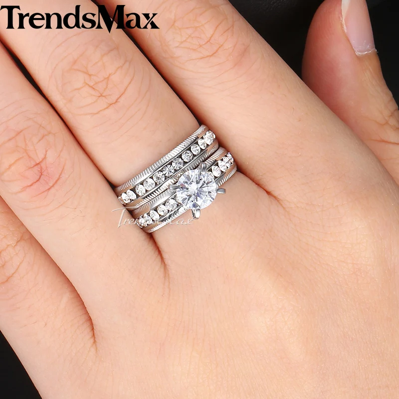 Trendsmax мужские и женские обручальное кольцо набор золотого и серебряного цвета из нержавеющей стали CZ камень пара обещаний обручальное ювелирное изделие KKRM29