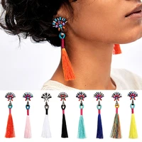 multicolored rhinestone flower top ladies tassel earrings boho long thread retro handcraft za drop earrings for women 3i3008