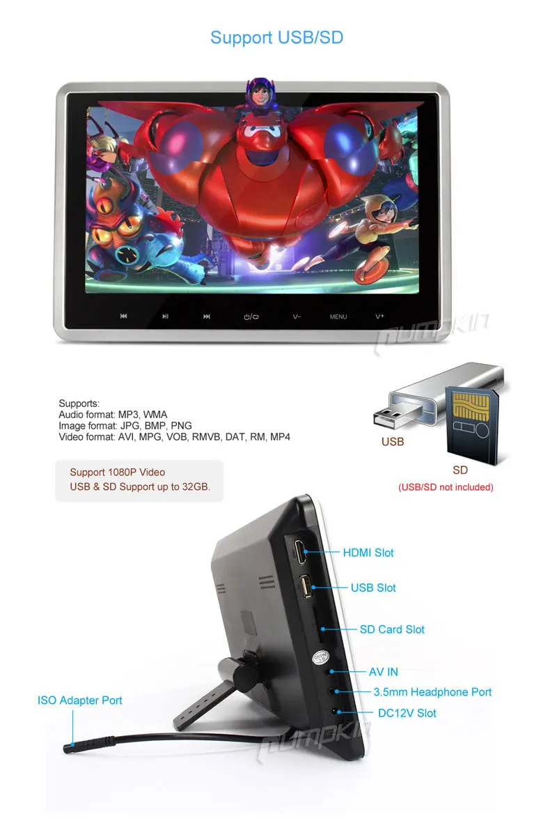 Тыква 10 дюймов dvd-плеер подголовник HD цифровой TFT Мониторы сенсорная кнопка с HDMI
