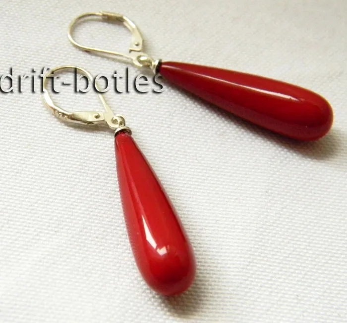 

Hot sale new Style >8mmx30mm Teardrop Red Shell Pearl Dangle Silver Earring